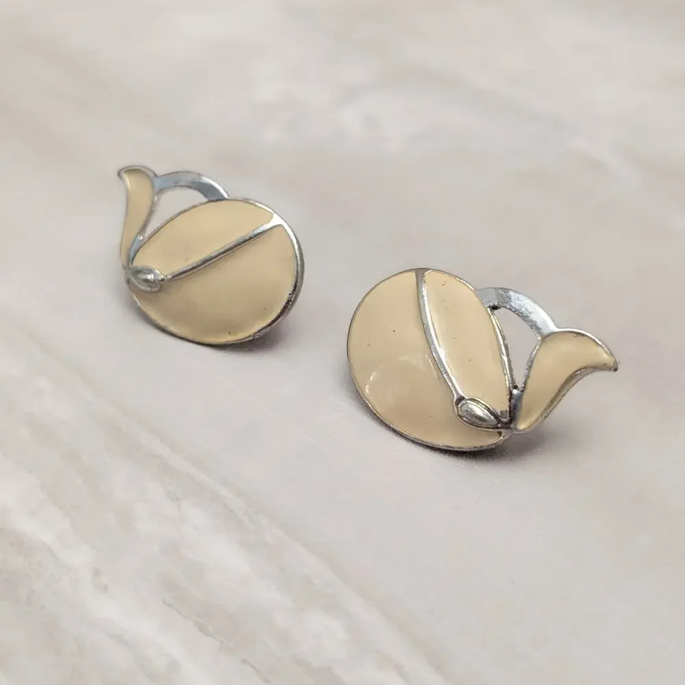 Vintage Clip On Earrings Large Cream Enamel & Silver Tone - Condition Issues